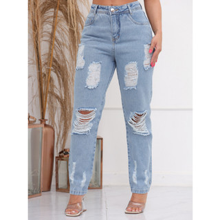 Lukasjeans 9030 calça Jeans feminina jeans casual com rascada/perna larga cintuta alta  jeans mom com bolsa