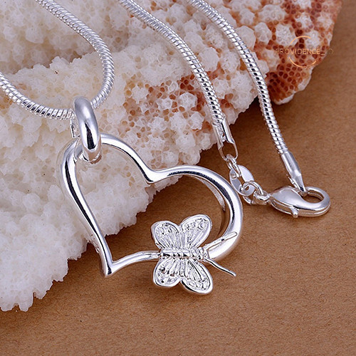 [PRO] Jóias Femininas 925 Sterling Silver Hollow Heart Butterfly Pendant Necklace