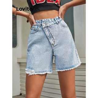 Lovito Short jeans casual com bolso com zíper liso para mulheres LNL72253