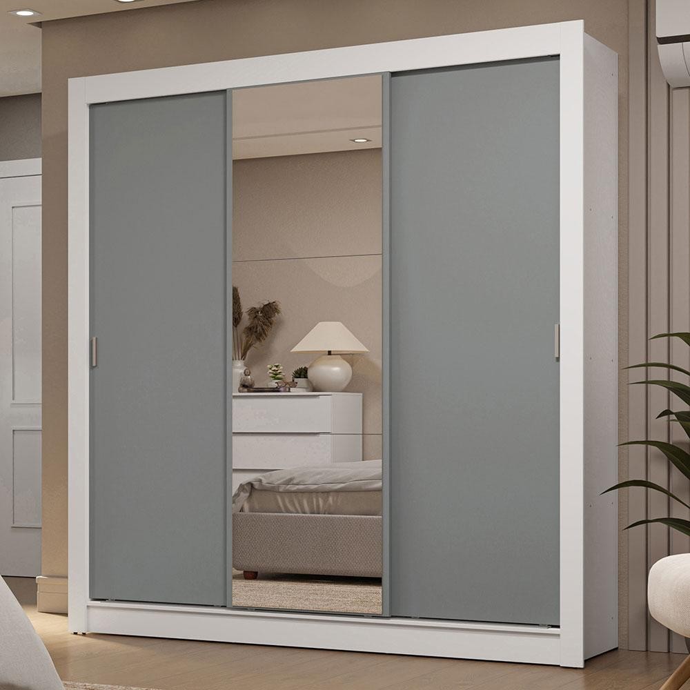 Guarda-Roupa Casal 3 Portas de Correr com Espelho 2 Gavetas Branco/Cinza Sublime Madesa em Oferta na Shopee