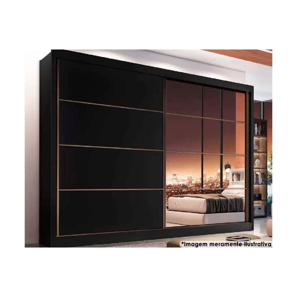 Guarda Roupa Casal 2 Portas de Correr e 6 Gavetas e c/1 Espelho Sevilha Preto - Europa em Oferta na Shopee