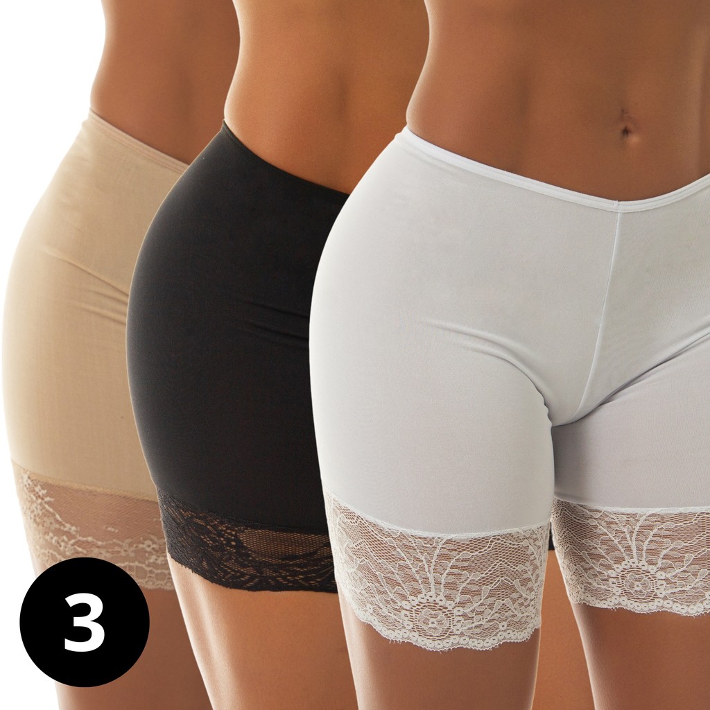 Kit 3 Short Anágua Segunda Pele C/Renda Segunda Pele Feminino Sexy Lingerie