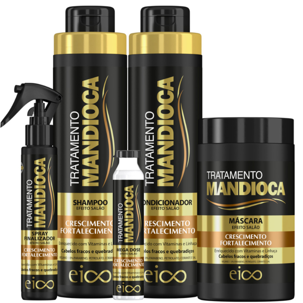 Kit Eico Tratamento Mandioca Fortalecimento Crescimento Hidratação Nutrição Brilho e Maciez Completo Sem Sal (5 Itens)