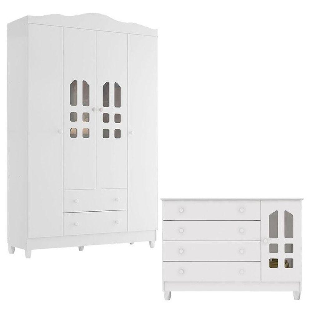 Cômoda Selena E Guarda Roupa Infantil New Selena 4 Portas Branco Brilho em Oferta na Shopee