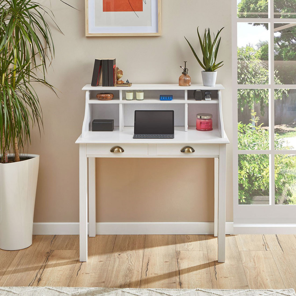 Escrivaninha Madeira 2 Gavetas 6 Nichos Marlene em Oferta na Shopee