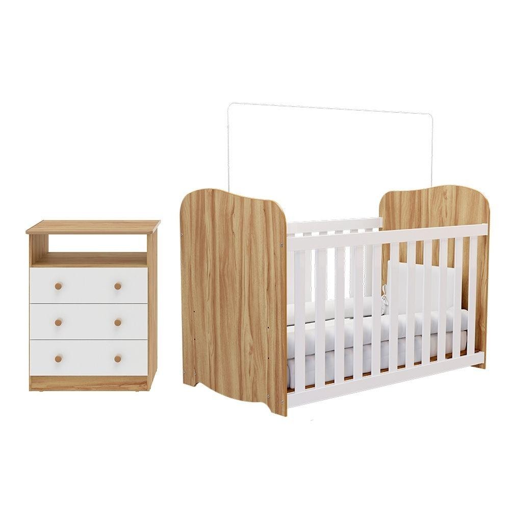 Quarto de Bebê Completo com Berço Americano Uli Guarda Roupa e Cômoda Smim New Branco Brilho/Amêndoa