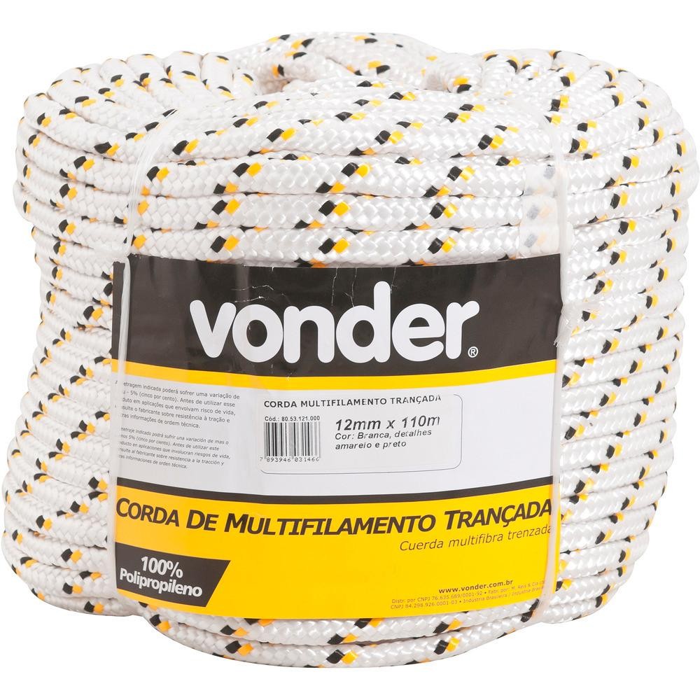 Corda Multifilamento Trançada 8 mm 3,3kg 110 metros Branca/Amarela Vonder