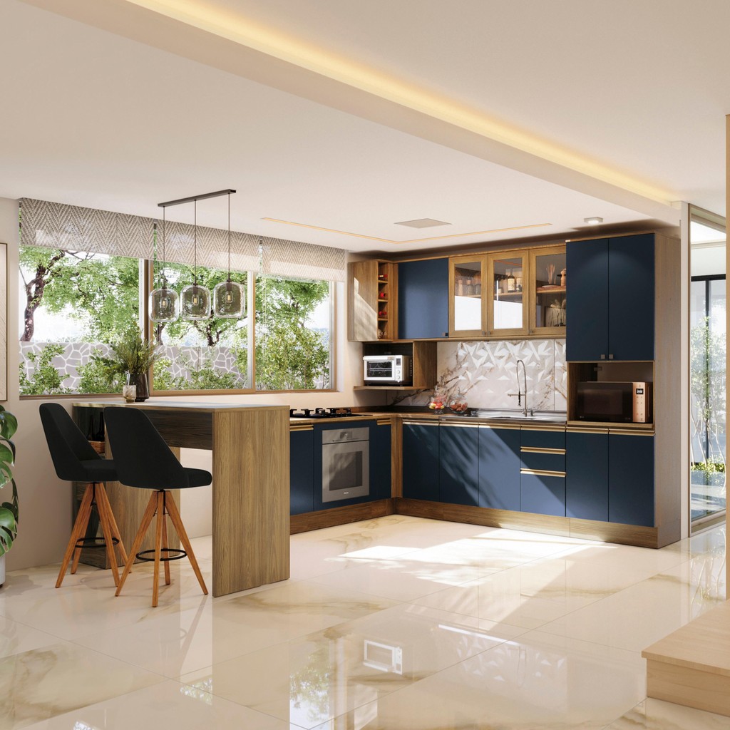 Cozinha de Canto Modulada Celeste Kappesberg 100% MDF Nogueira/Azul em Oferta na Shopee