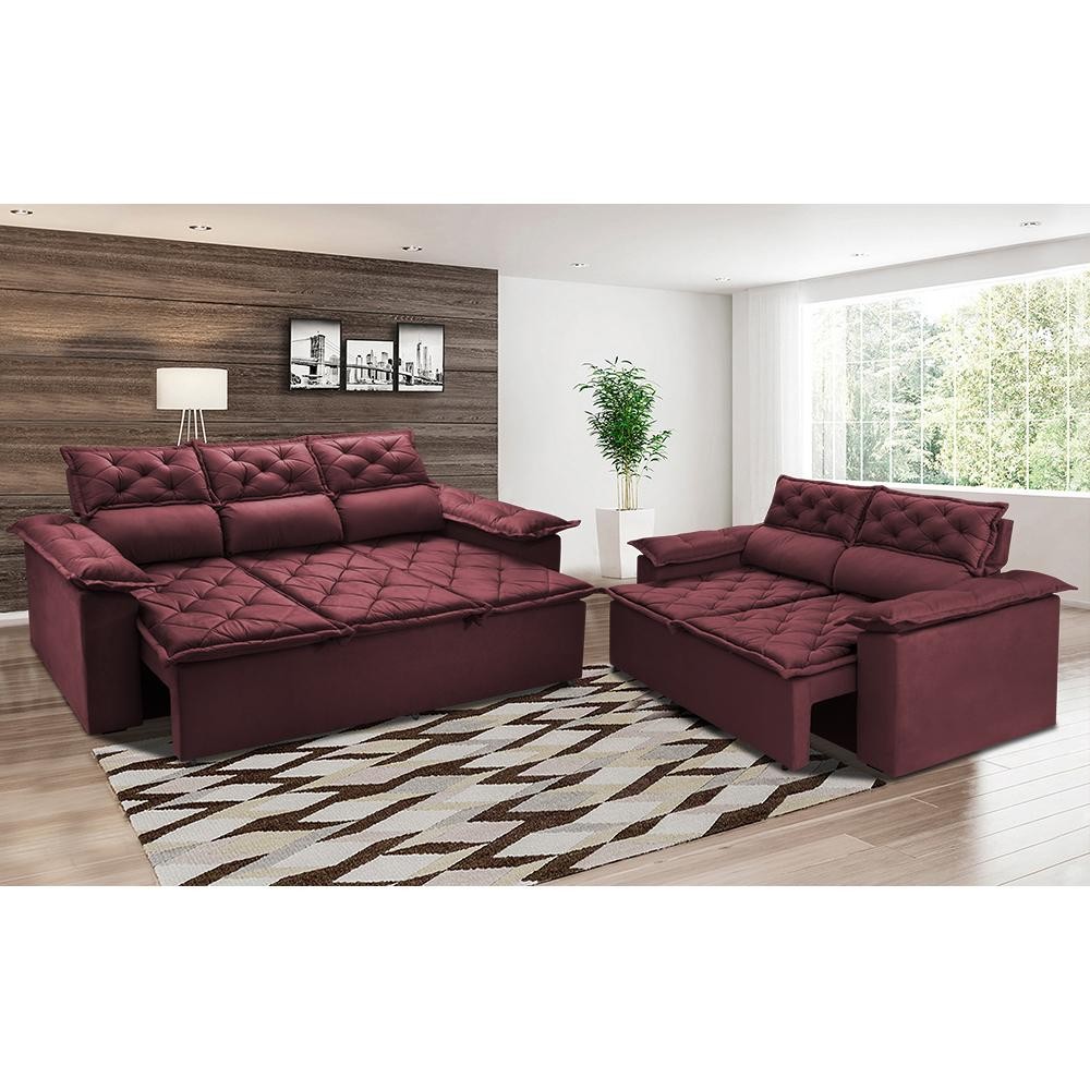 Conjunto de Sofá 3 e 2 Lugares Retrátil e Reclinável Cama inBox Compact 2,00x1,50m Velusoft Vinho em Oferta na Shopee