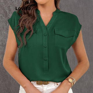 Lovito Blusa casual lisa com bolso para mulheres LBL16588 em Oferta na Shopee
