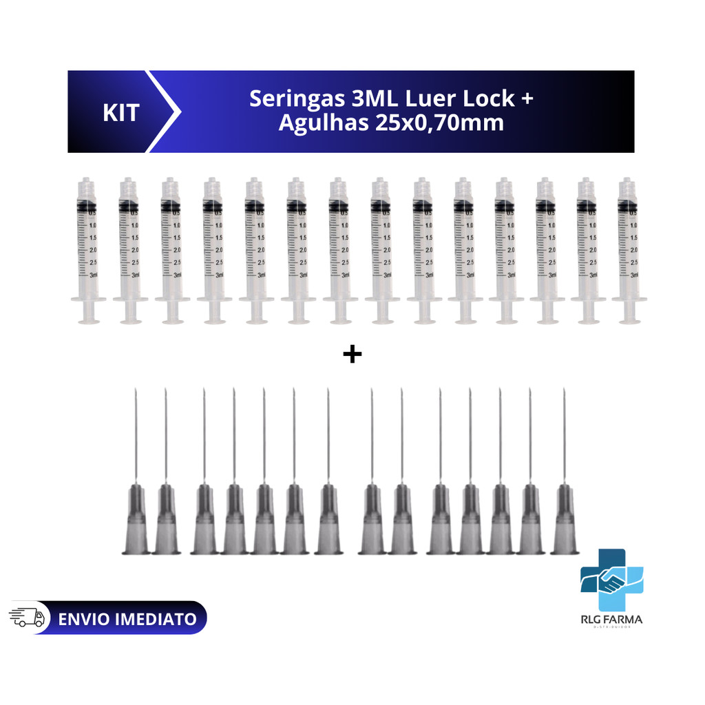Seringas 3ml Bico Luer lock Rosca + Agulhas 25x0,70 Kit com 100 cada em Oferta na Shopee