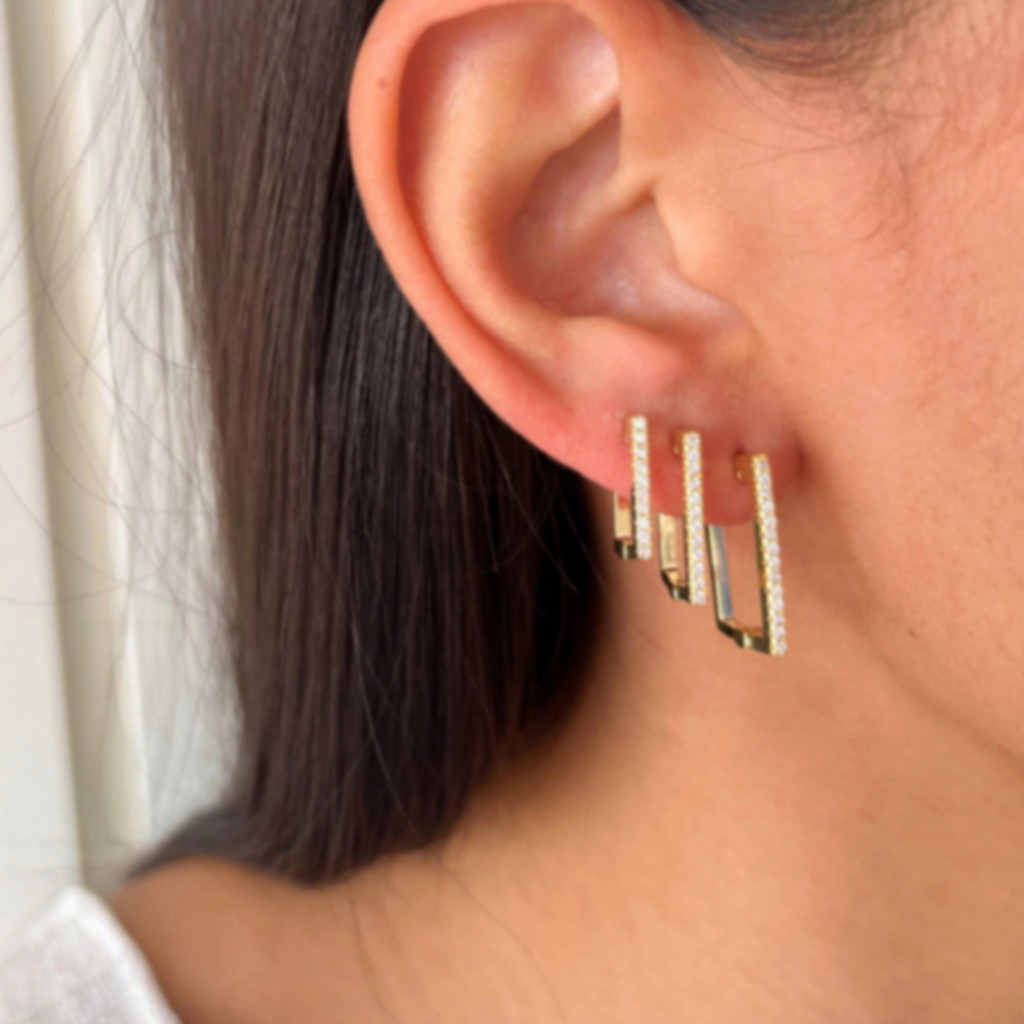 Trio Brincos Argolinha Quadrada Cravejado a Ouro 18k A prata 925 em Oferta na Shopee