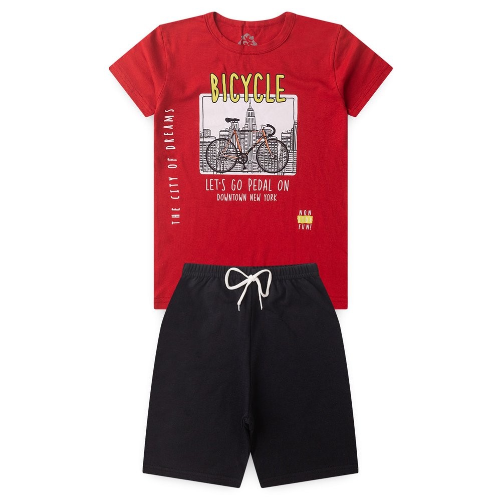 Conjunto Infantil Juvenil Verão Roupa Menino Camiseta Meia Malha Bicicleta Bermuda Moletinho - Conjunto Masculino