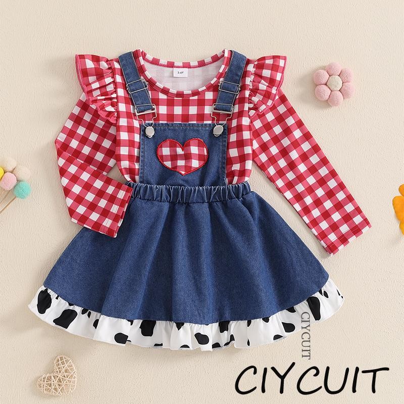 CIYCUIT-1-6 Anos Crianças Bebês Meninas 2 Peças Roupas De Outono Manga Comprida Estampa Xadrez Tops + Saia Jeans Com Suspensório Conjunto De