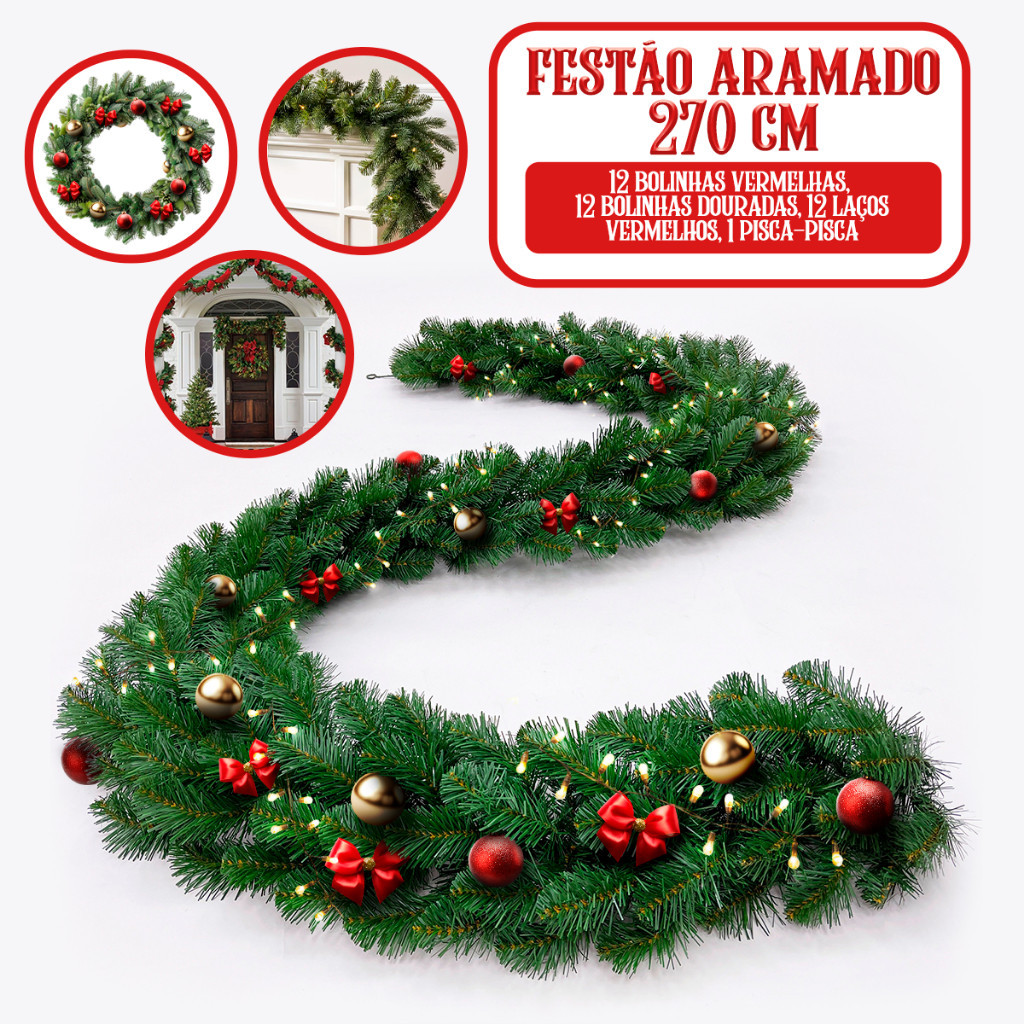 Festão Decorado 300 Galhos Com Enfeite Pisca Pisca Bolinha Aramado Grosso Flexível Natal 270cm Galhos Varal