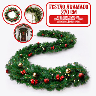 Festão Decorado 300 Galhos Com Enfeite Pisca Pisca Bolinha Aramado Grosso Flexível Natal 270cm Galhos Varal