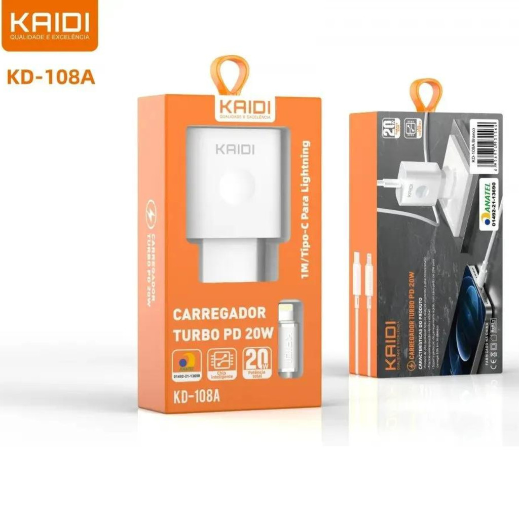 Carregador Turbo 20W e 30W Tipo C USB-C Para Android e Ligthning iPhone 11 12 13 14 15 Samsung Kaidi