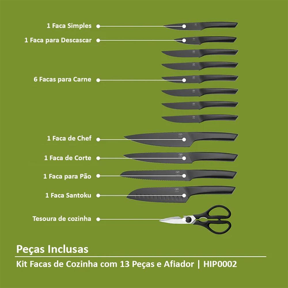 Detalhes do Facas de Cozinha com 13 Peças e Afiador Avera - Pingoo