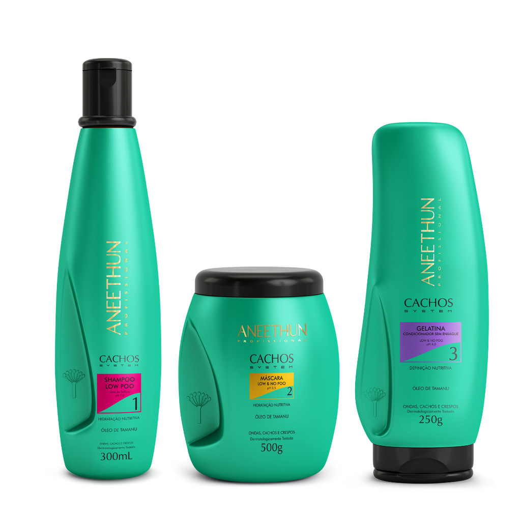Kit Cachos System Shampoo Low Poo Máscara E Gelatina Profissional No Low Poo Transição - Aneethun