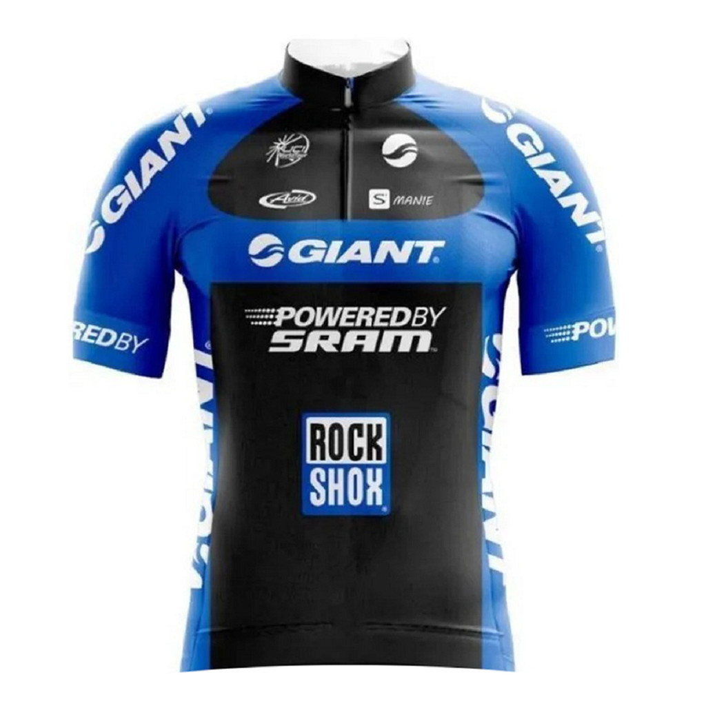 Camisa Ciclismo Infantil Giant Zíper Fitness Manga Curta Azul Decole Bike Mtb