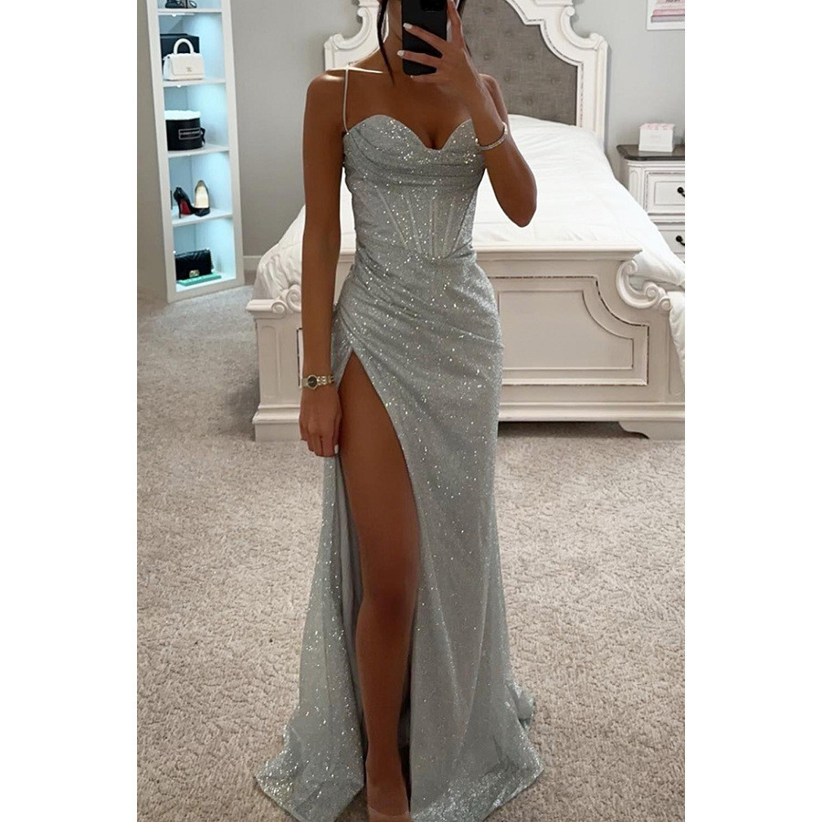 Feminino 2024 Tecido Brilhante Dividido halter Vestido De Festa Longo De Casamento em Oferta na Shopee