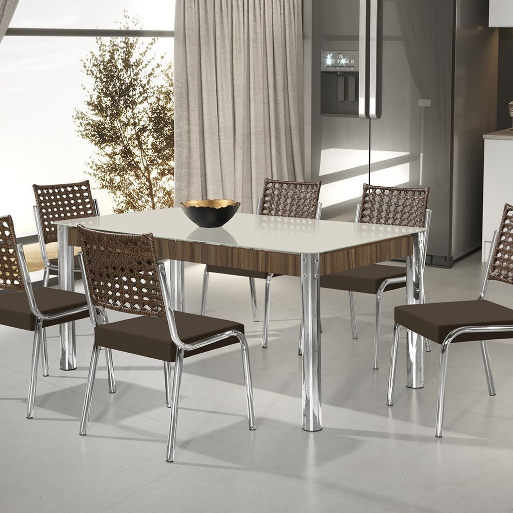 Conjunto Sala de Jantar Mesa Retangular com 6 Cadeiras Natani Cromado/Marrom - Home & Living