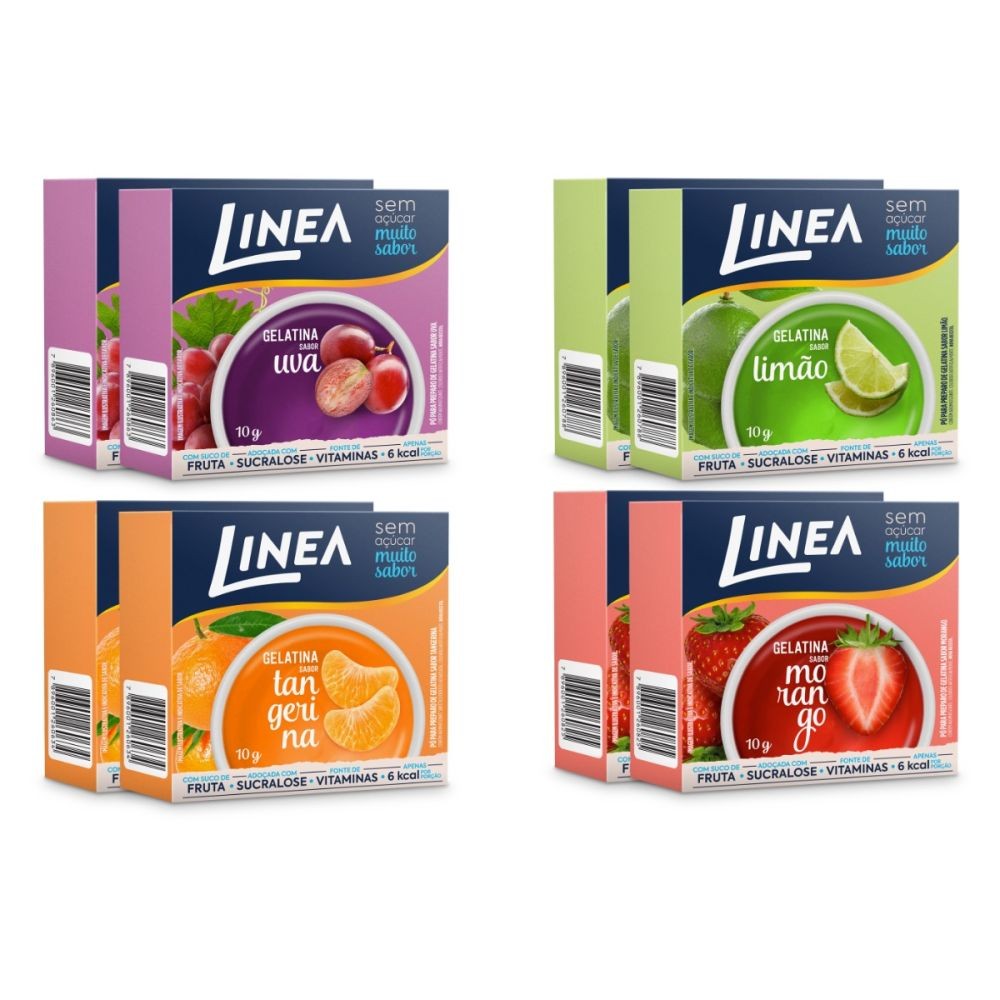 Kit 8 Gelatinas Linea Sabores Limão, Morango, Tangerina e Uva 10g