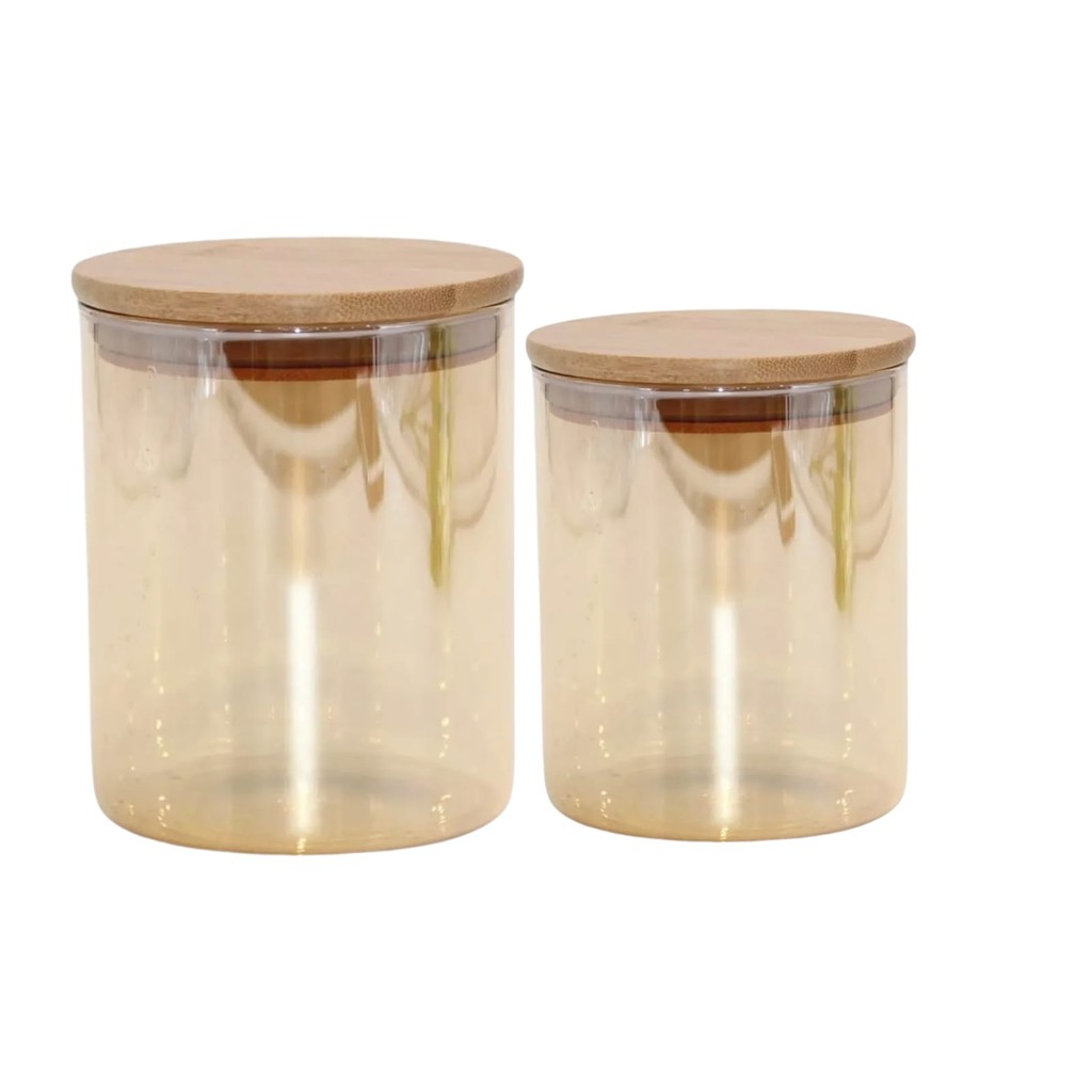 POTE DE VIDRO AMBAR LISO REDONDO COM TAMPA HERMETICA DE MADEIRA / BAMBU 750ML E 550ML