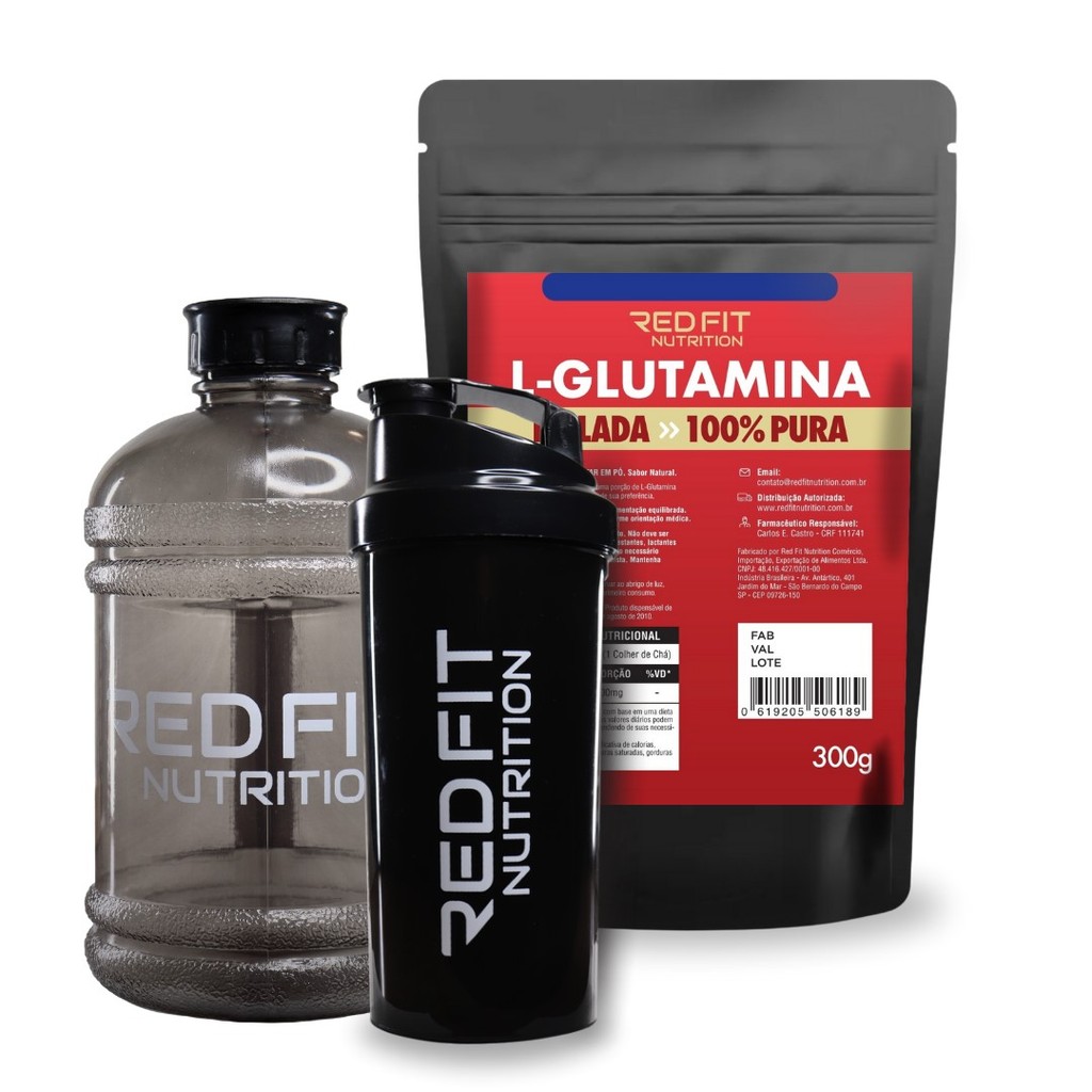 L-Glutamina 300g Shaker Black 600ml Gallon Black 1,8L - 100% Pura Matéria-Prima Importada - Red Fit Nutrition