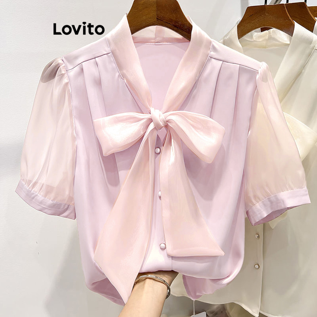 Lovito Blusa Elegante Com Gravata Lisa Na Frente, Blusa De Verão/Primavera Para Mulheres L...