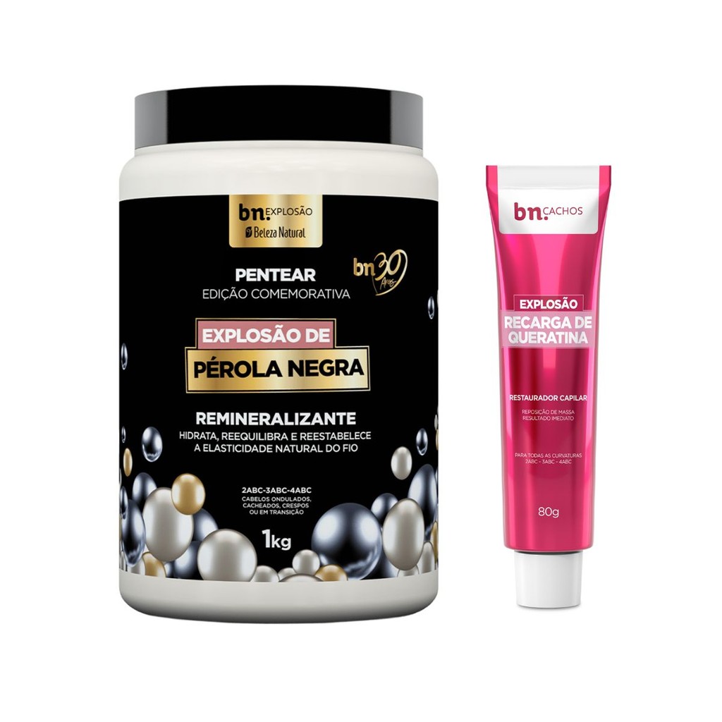 Kit Creme de Pentear Pérola Negra 1Kg + Recarga Explosão de Queratina 80g - Beleza Natural em Oferta na Shopee