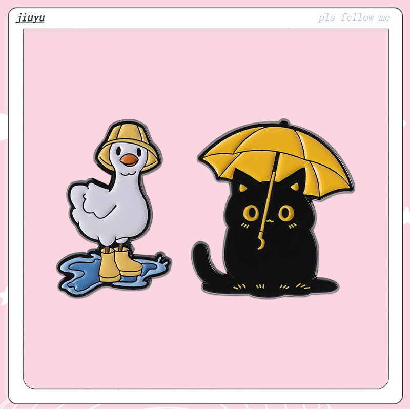 Gato Preto Guarda-Chuva Esmalte Pino Dos Desenhos Animados Pato Emblema Bonito Animal Lapela Pinos Roupas Mochila Acessó