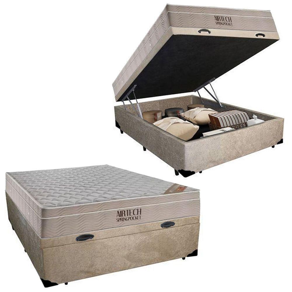 Cama Baú Casal Suede + Colchão Casal Ortobom Airtech Molas Springpocket (65x138x188) Bege em Oferta na Shopee