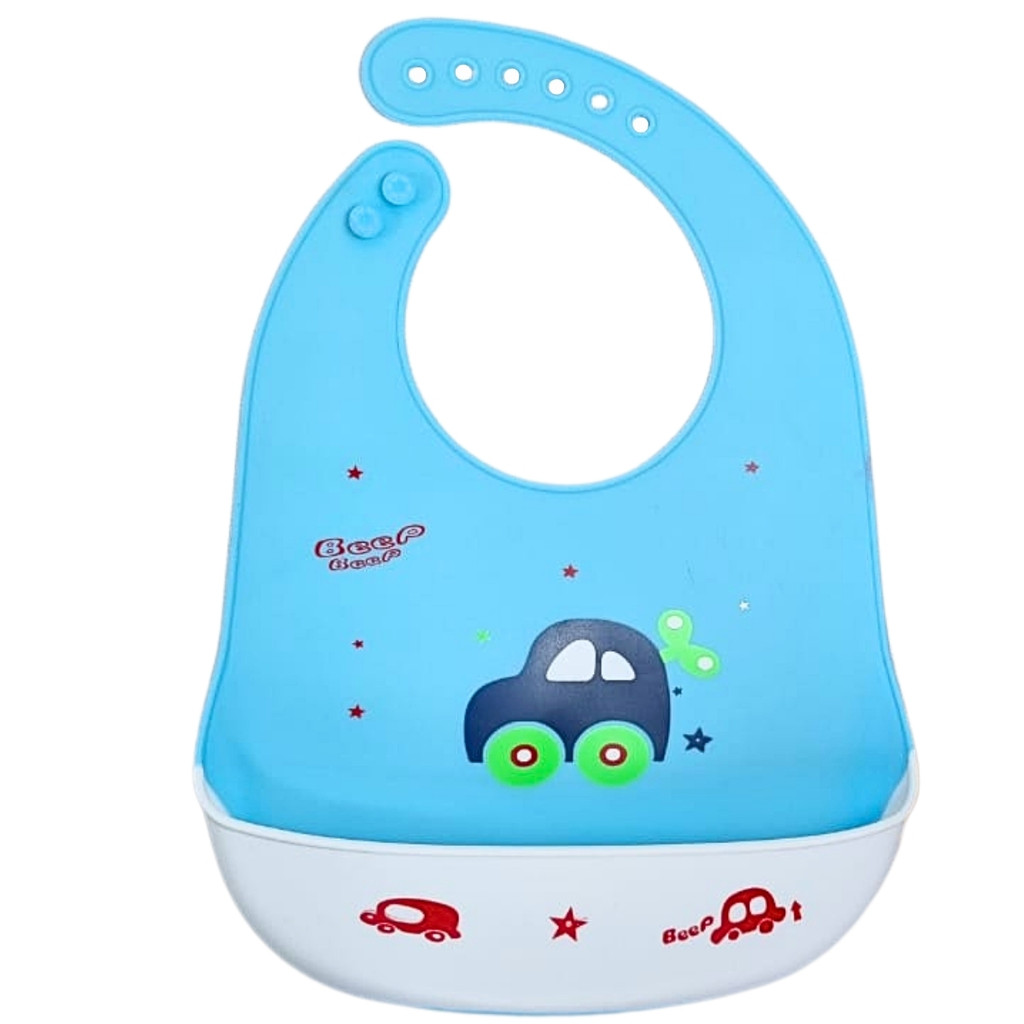 Babador Infantil Carrinho Azul Claro Impermeável C/ Bolso pega Migalhas - Castela - Mom & Baby