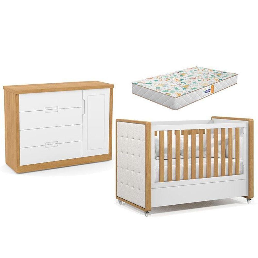 Berço Americano Com Capitonê New Boucle E Cômoda Infantil Tutto New Freijó Branco Acetinado E Colchão Gazin - Matic