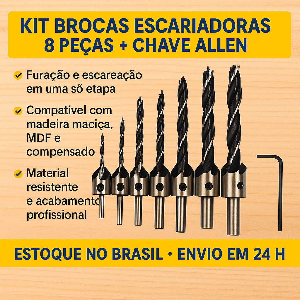 Kit Jogo Broca Escariadora 8 Peças Madeira Piloto