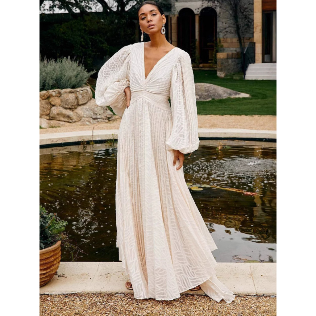 Vestido De Festa Com Manga Comprida E Bainha Grande Em Jacquard Plissado Lanterna em Oferta na Shopee