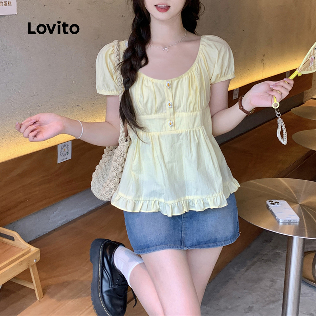 (Trendy) Lovito Blusa de botão plissada lisa fofa para mulheres L122AD055 em Oferta na Shopee