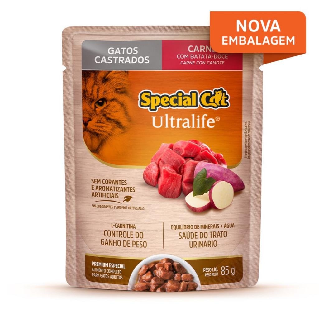 Sachê Special Cat para Gatos Adultos Castrados 85gr sabor Carne e Batata-Doce