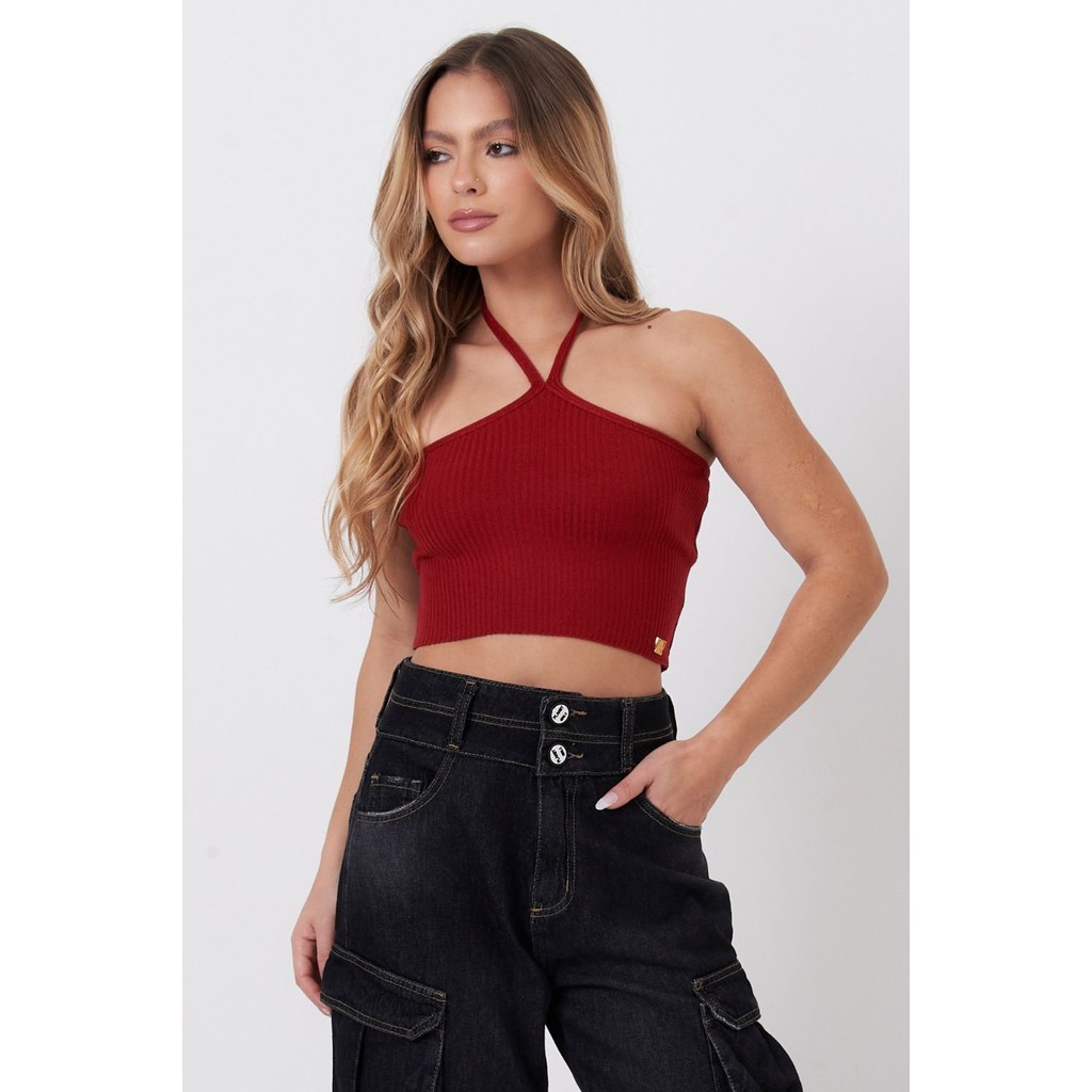 Cropped Feminino Tricot Amarração Planet Girls Vermelho Médio - Women Clothes