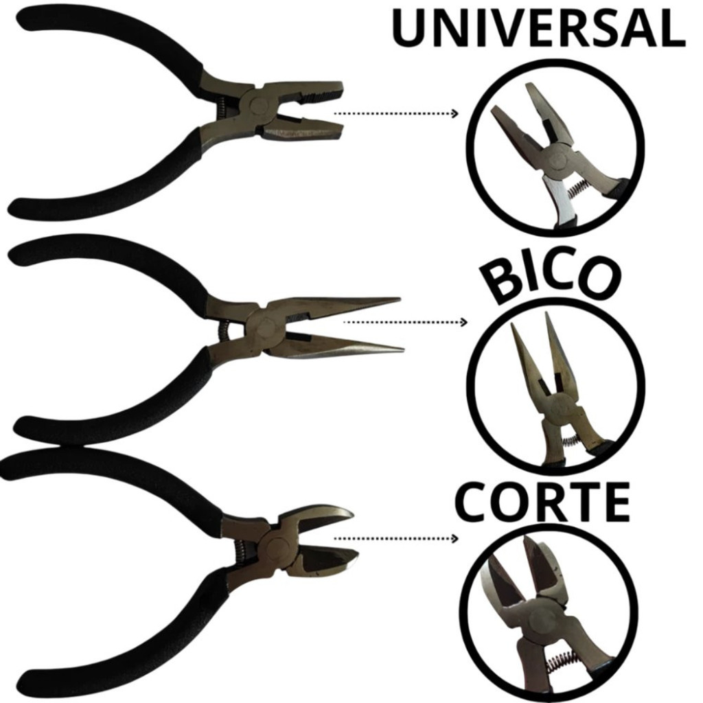 Jogo 3 Mini Alicates 4,5'' Bijuterias Artesanato Reparos Cortes Fios Cabos Arames Manutenção Informática Pesca - Preta