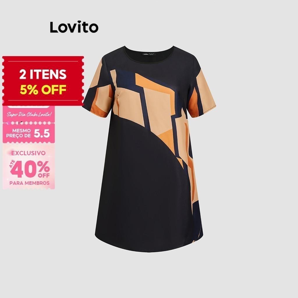 (Trendy) Lovito Vestido Curva Plus Size Casual Padrão Geométrico Vestido Básico Para Mulheres LBL20642