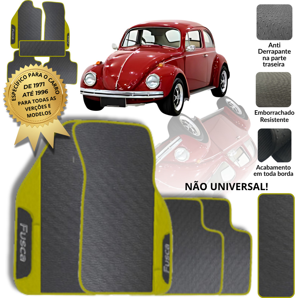 Jogo Tapete Fusca 1971 a 1996 5 Peças Emborrachado Amarelo com Túnel Antiderrapante Lavável