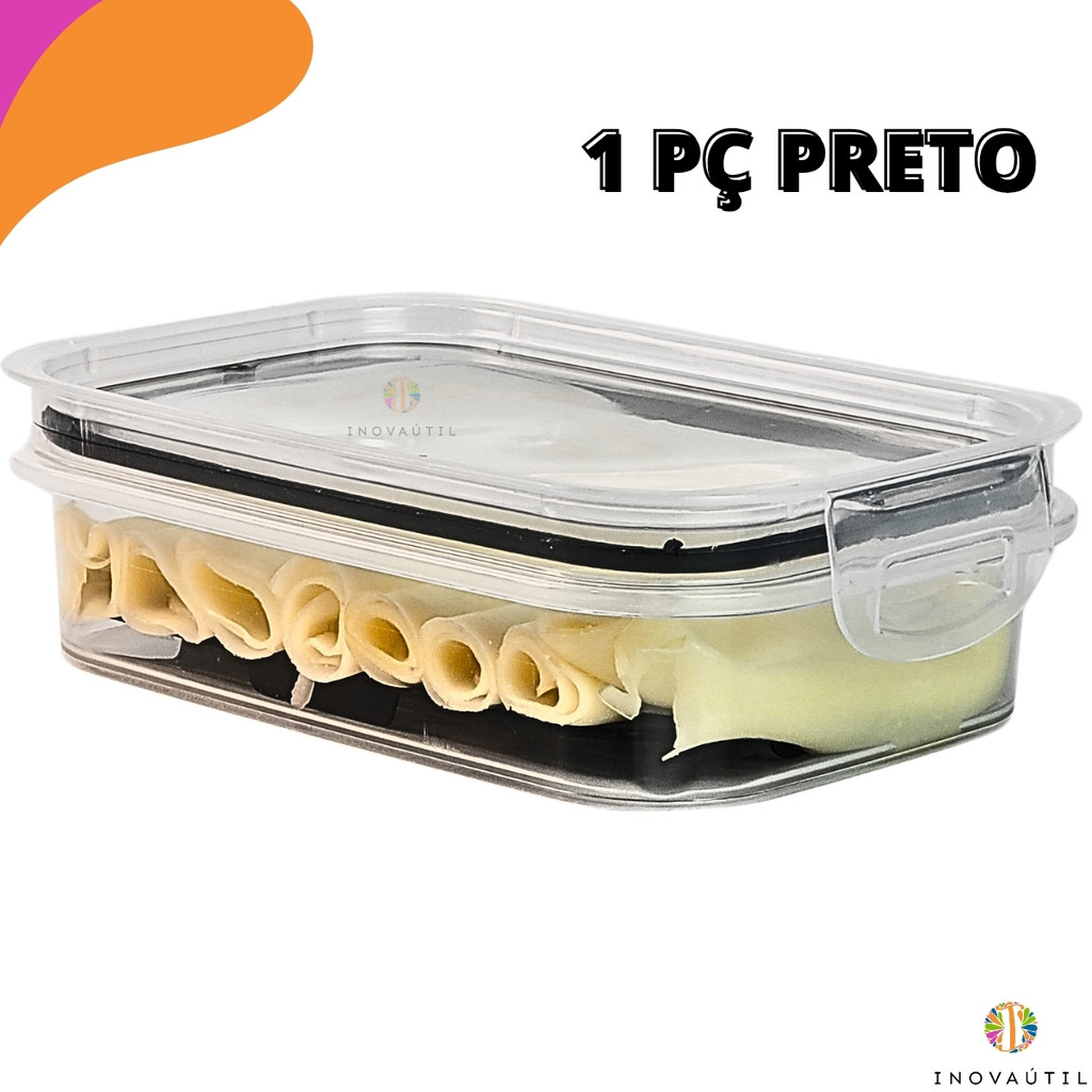 Porta Frios 500ml Tampa Hermética Borracha de Vedação Preta Queijo Presunto Mortadela