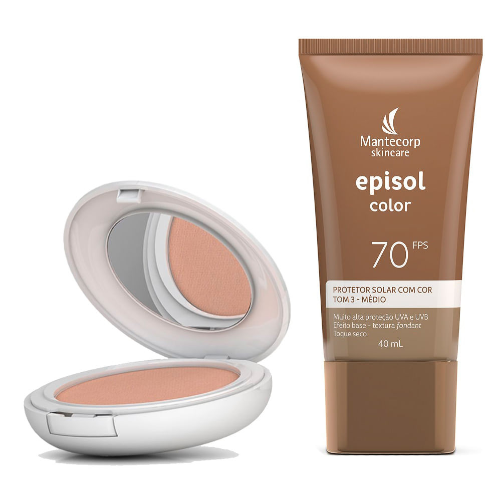 Kit Protetor Solar Episol Color Pele Clara FPS 50 Pó Compacto 10g e Protetor Solar Tom 3 Médio FPS 70 40ml - Beauty
