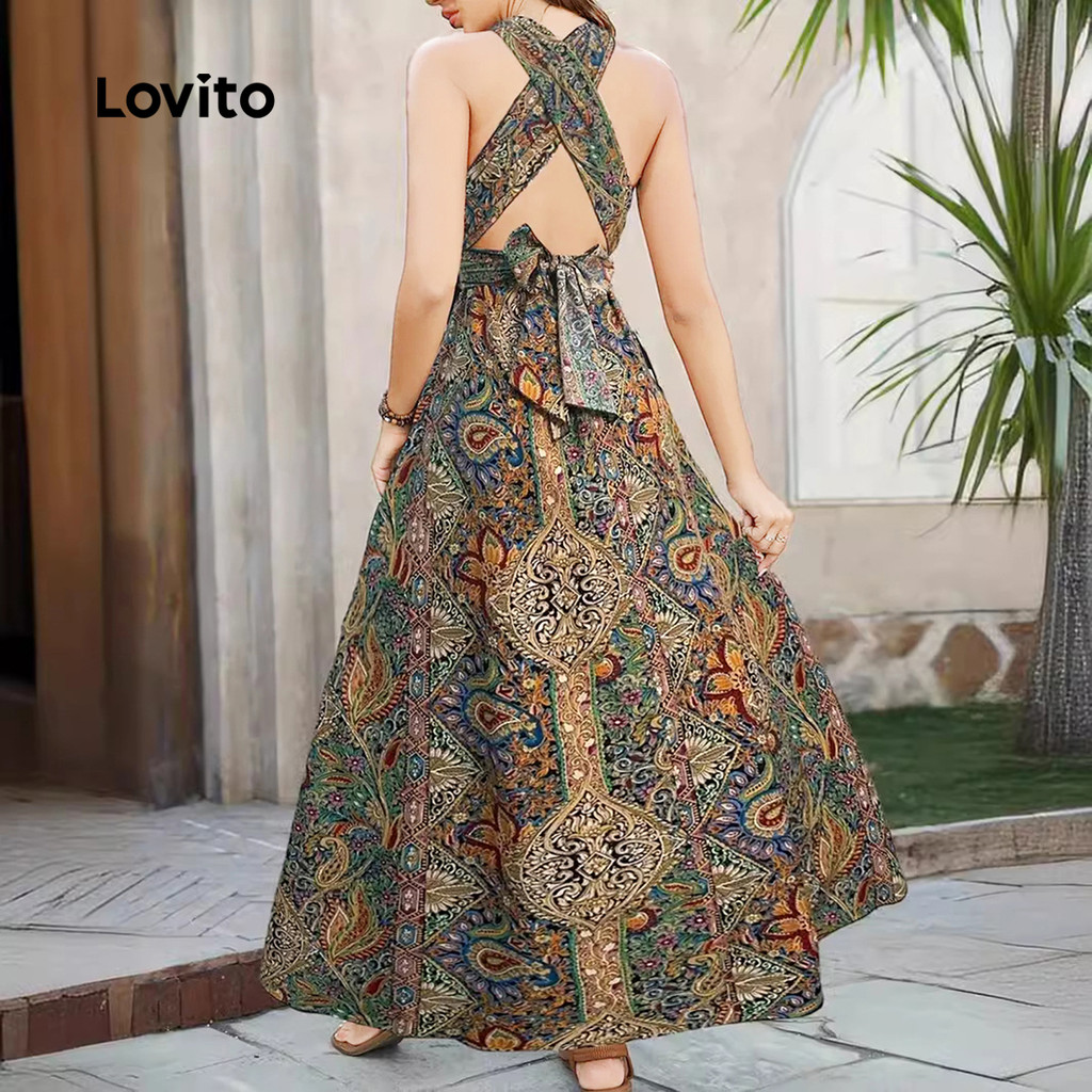 (Trendy) Lovito Vestido Boho Com Estampa Tribal Vestido De Verão/Primavera Para Mulheres LMD81103 em Oferta na Shopee