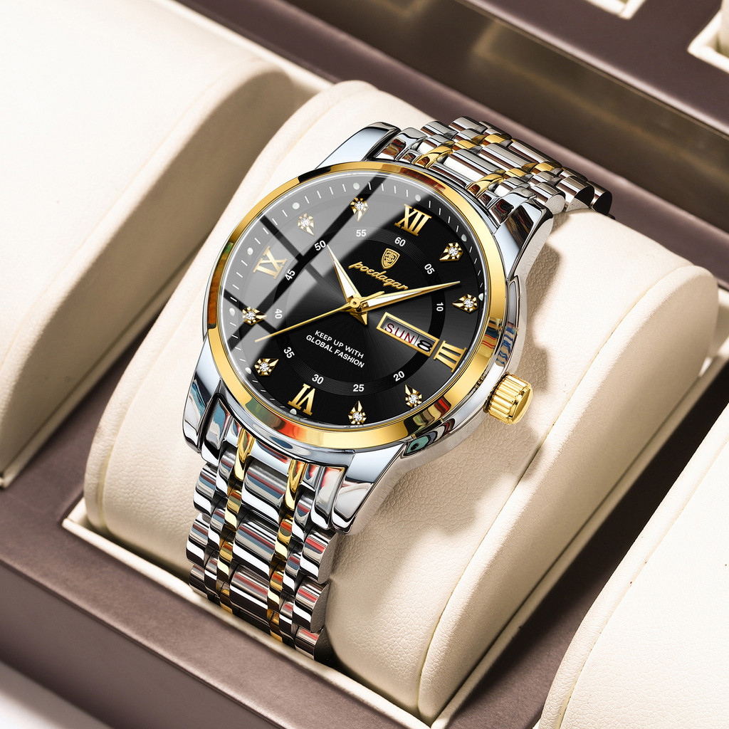 Relógio De Pulso De Quartzo Resistente À Água POEDAGAR Para Homens , Pulseira De Aço Inoxidável Dourada , Luxo De Alta Q