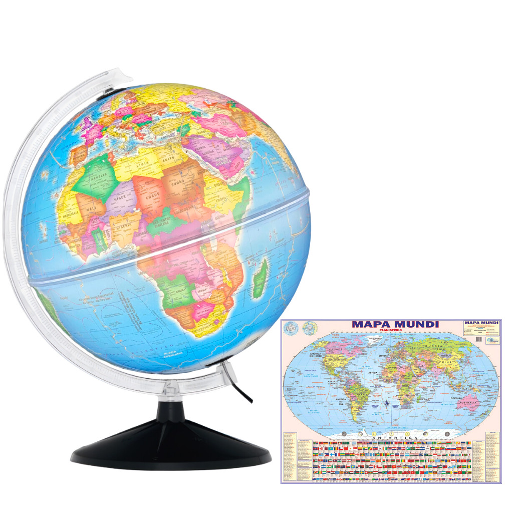 Globo Terrestre Político Prisma Base Preta c/ luz Led - 30cm diâmetro e 43cm Altura + Mapa Mundi Gigante