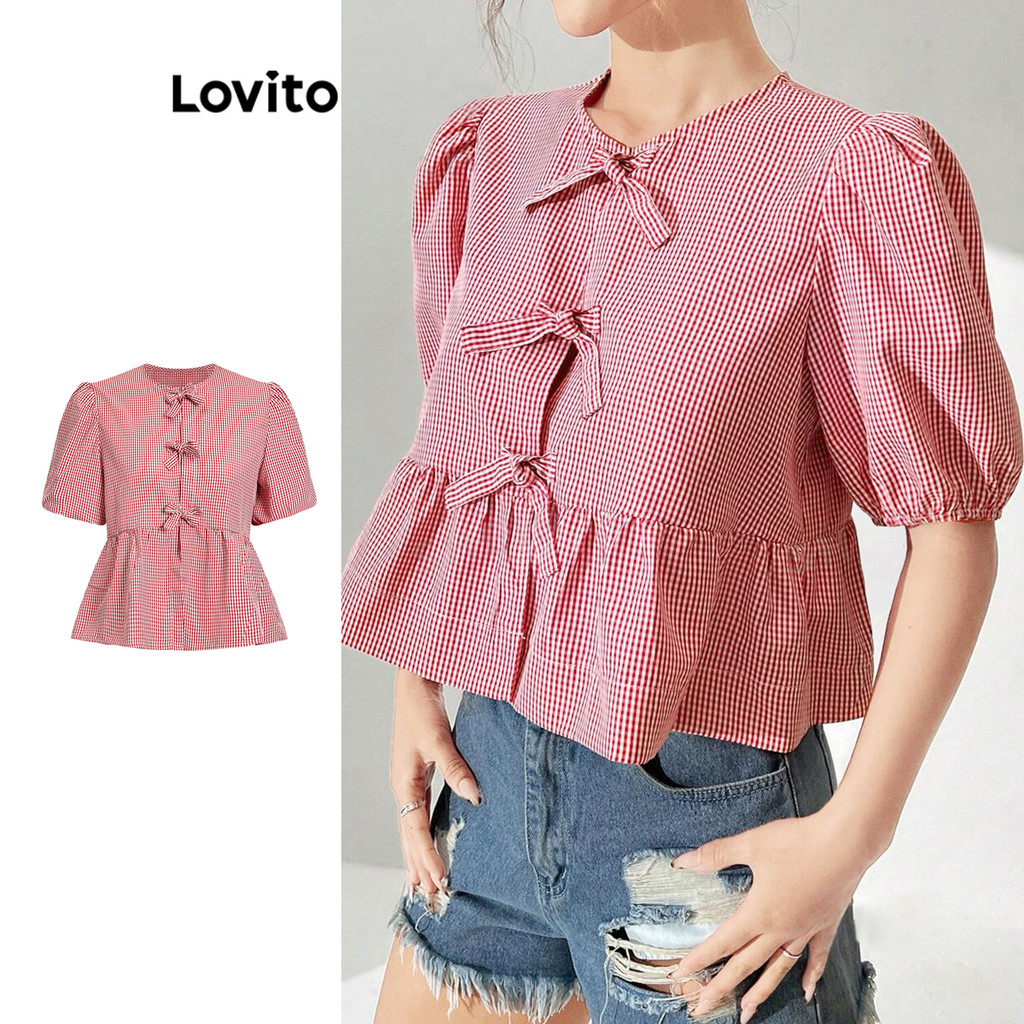 Lovito Blusa Elegante De Verão Com Estampa Xadrez Vichy E Fechamento Em Cadarço Para Mulheres L105MD061 em Oferta na Shopee