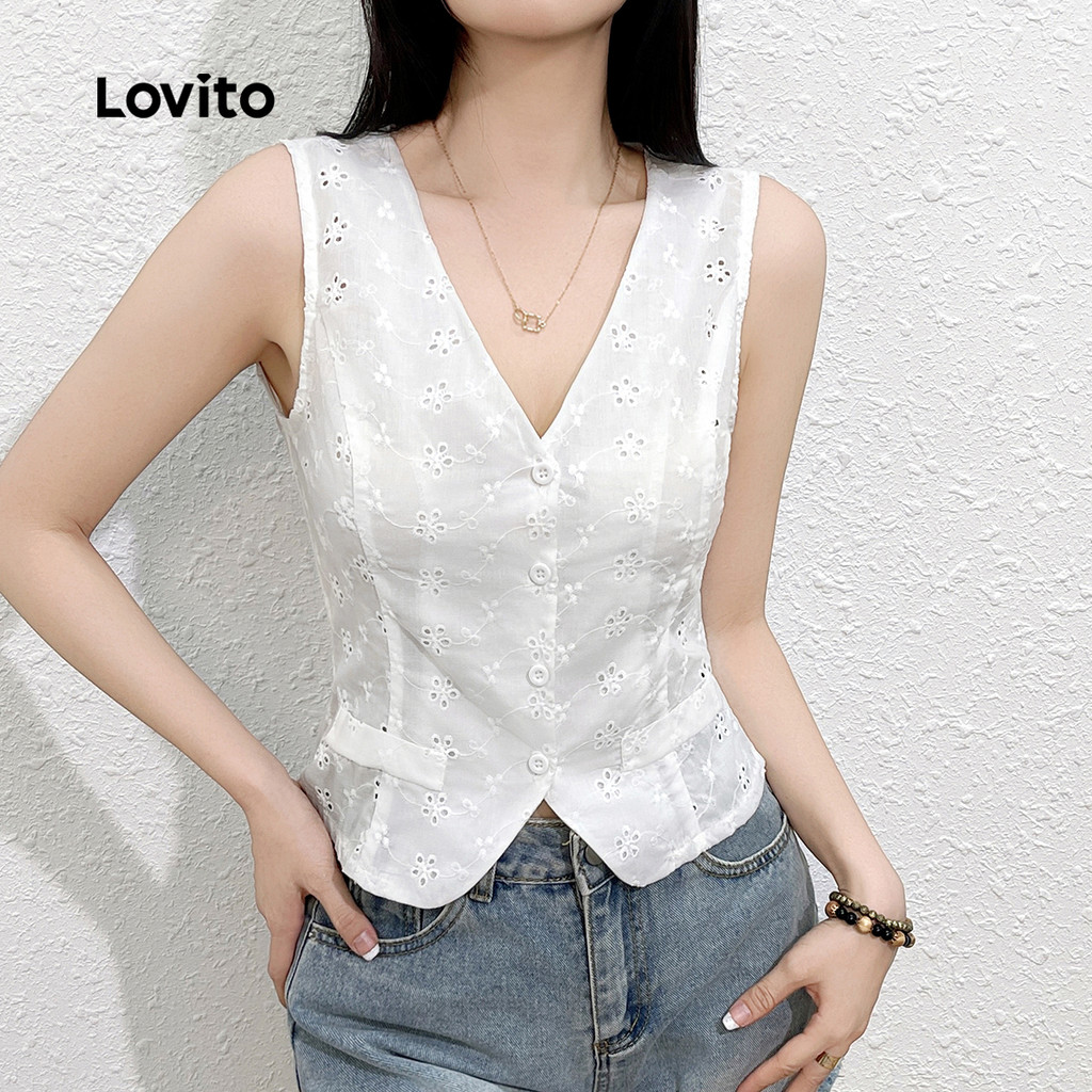 Lovito Top Casual Liso Com Ilhós Bordado Vazado Verão/primavera Regata Feminina L132ED550